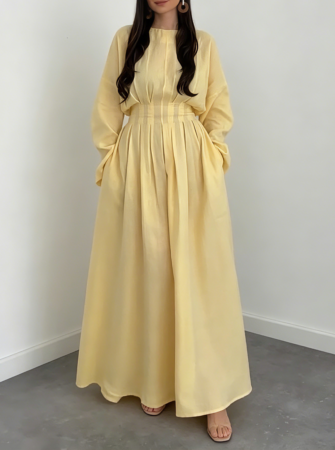 Pale Yellow Linen Drawstring Waist Maxi Dress