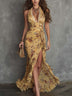Vintage Floral Halter V-Neck Lace Trim Ruched Maxi Dress