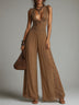 Brown Boho Lace-Trimmed Ruffled-Sleeve Chiffon Wide-Leg Jumpsuit