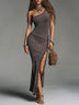 Retro One-Shoulder Ribbed Lace Trim Maxi Dress With High Slit