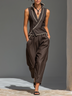 Women's Dark Brown Minimalist Contrast Piping Wrap Vest & Harem Pants Two-Piece Set