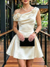 Asymmetrical Draped Shoulder 3D Floral Satin A‑Line Mini Dress