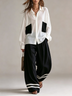 Black White Contrast Oversized Patch Pocket Shirt & High Waist Wide Leg Trousers With Stripe Hem Two‑Piece Outfit