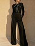 Black Linen‑Blend Cross Wrap Mock Neck Long Sleeve Top & High‑Waist Wide‑Leg Pants With Contrast Stitching Two‑Piece Outfit