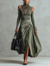 Olive Green Two Piece Outfit Turtleneck Cold Shoulder Long Sleeve Top Twisted Wrap Maxi Skirt Set