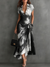 White Black Abstract Print Wrap Midi Dress Collared V Neck Short Sleeve Tie Waist Ruffled High‑Low Hem Dress