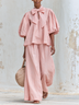 Blush Pink Linen-Blend Bow Tie Puff Sleeve Top & Wide-Leg Pants Set