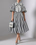 Black & White Striped Polka Dot Bow Midi Dress
