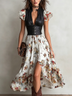 Printed Asymmetric Leather-Paneled Flutter Sleeves Midi Dress