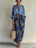 Blue Oversized Top & Floral Print Maxi Skirt Two-Piece Set