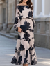 Beige Off‑Shoulder Printed Ruffle Hem Elegant Maxi Dress