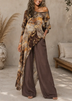 Brown Print Off‑Shoulder Top with Irregular Hem & Wide‑Leg Pants Set