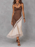 Brown Spaghetti Strap Contrast Panel Slim Midi Dress