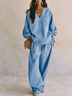 Blue V‑Neck Loose Top & Casual Pants Set