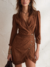 Brown V‑Neck Waist‑Defined Asymmetrical Hem Mini Dress