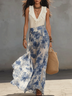 Blue Floral Print V Neck Top Maxi Skirt Set