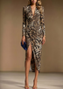 Leopard Print V-Neck Ruched Slim Asymmetrical Hem Elegant Midi Dress