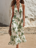Green Floral Print Belted Ruffle Midi Dress