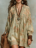 Chartreuse Printed V‑Neck Casual Long Sleeve Mini Dress