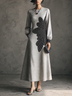 Gray Printed Long Sleeve Casual Midi Dress