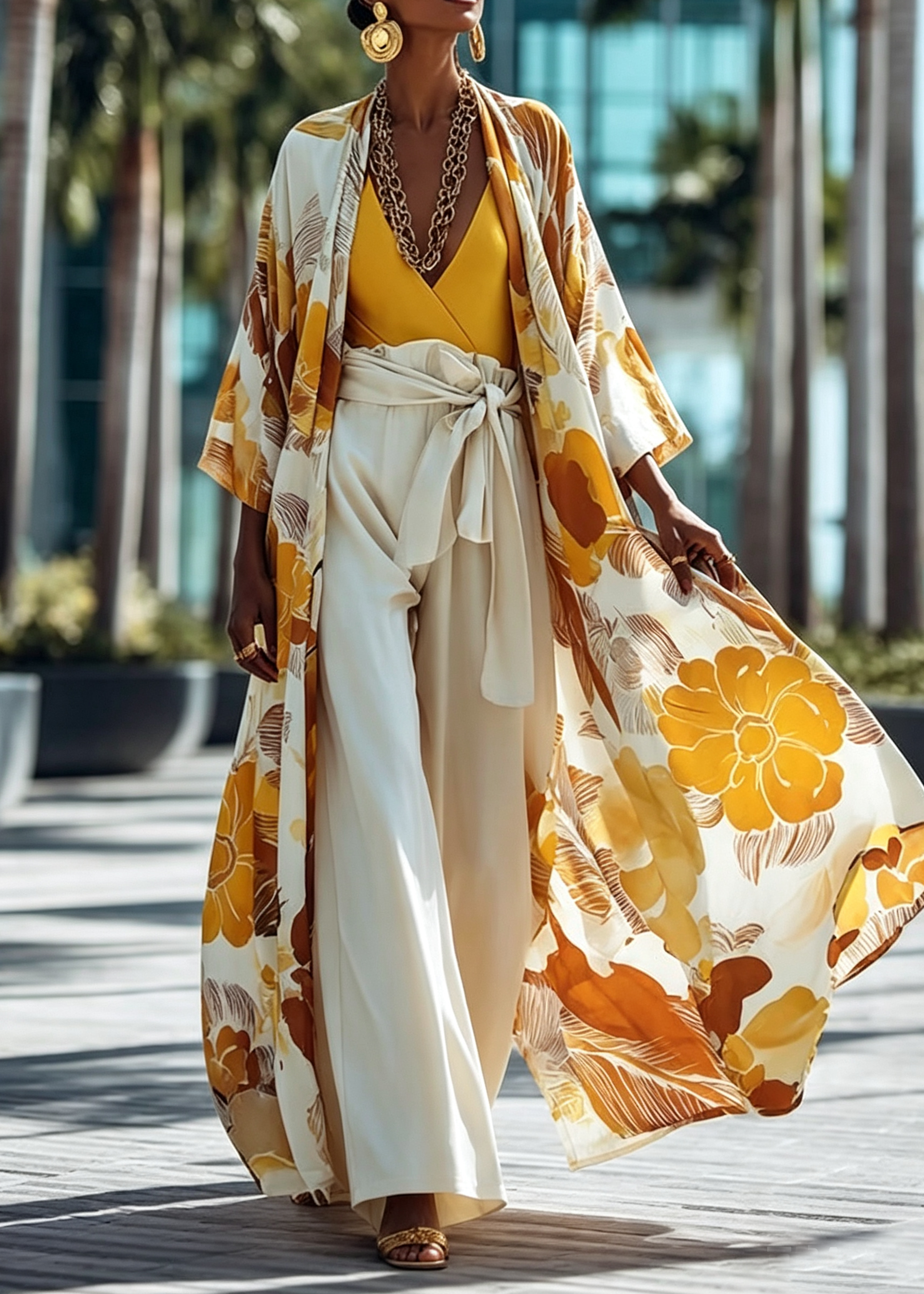 Yellow Floral Print Jacket Short Sleeve 3 Piece Wide Leg Pant Set