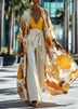 Yellow Floral Print Jacket Short Sleeve 3 Piece Wide Leg Pant Set