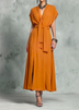 Orange V Neck Belted Slit Elegant Maxi Dress