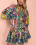 Colorful Printed Button-Front Mini Dress with Tie Waist