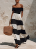 Black And White Striped Bandeau Cinched Waist A-Line Maxi Dress