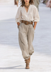 Beige V‑Neck Loose Top & Casual Pants Set