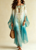 Teal Ombre Print Loose Long Sleeve Maxi Dress