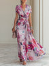 Elegant Crossover V-Neck Floral Printed Chiffon Maxi Dress