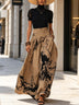 Black Round Neck Sheer Lace Sleeves Top And Abstract Print Maxi Skirt Set