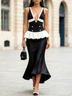 Black White Contrast Metal Ring Deep V Top And Satin Mermaid Midi Skirt Two Piece Set