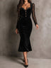 Retro Elegant Black Velvet Lace Sleeve Corset Mermaid Midi Dress