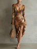 Vintage Brown Tie Dye Ruffle V-neck Midi dress