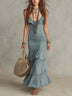 Bohemian Dusty Blue Ruched Tiered Ruffle Chiffon Halter Maxi Dress