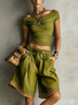 Olive Green Off Shoulder Crop Top & Drawstring Wide Leg Shorts 2 Piece Set