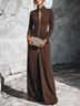Women's Elegant Dark Brown Front Slit Zip Ruched Waist Maxi Dress