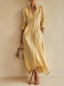 Yellow Stand-Collar Cotton-Linen Shirt Maxi Dress With Patch Pockets