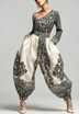 Black & White Vintage Floral One Shoulder Pocketed Harem Jumpsuit