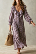 Romantic Purple Watercolor Dot Print  Ruffled Collar Maxi Dress
