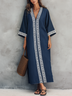 White Lace Trim Navy Blue Cotton-Linen V-Neck Maxi Dress