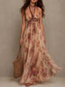 Floral Print Halter Deep V Ruched Waist Flowy Chiffon Maxi Dress
