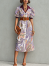 Retro French Style Purple Paisley Print Lapel Puff Midi Shirt Dress (Belt Included)