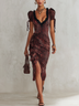 Burgundy Leopard Print Ruched Bodycon Side Slit Midi Dress
