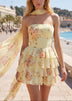 Yellow Floral Strapless Tiered Ruffle A-Line Dress with Neck Chiffon Scarf