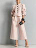 Round Neck Puff Sleeve Cropped Jacket & High Waist Wide Leg Cropped Pants Pink Tweed Two‑Piece Set Outfit