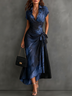 Red Black Abstract Print Wrap Midi Dress Collared V Neck Short Sleeve Tie Waist Ruffled High‑Low Hem Dress