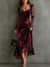 Red Velvet Lace Midi Dress Long Sleeve Wrap High‑Low Ruffle Party Dress